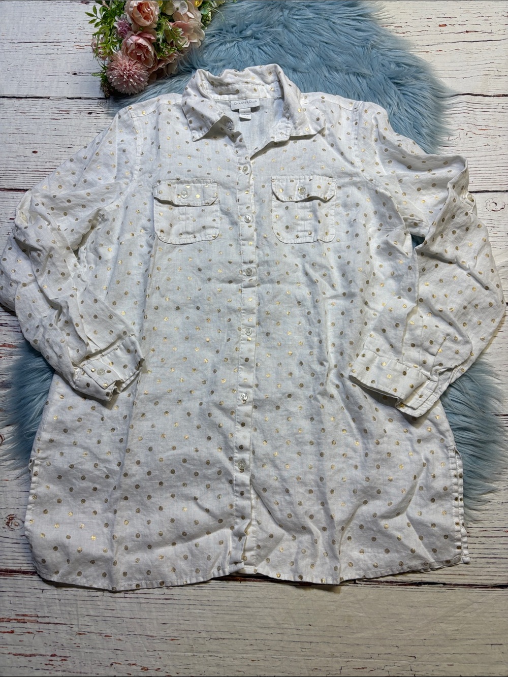 Charter Club Linen White Gold Polka Dot Button Down Shirt sz L